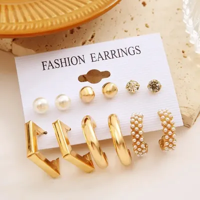 Square Circle Shaped Pearl Earrings Set (6 pairs)